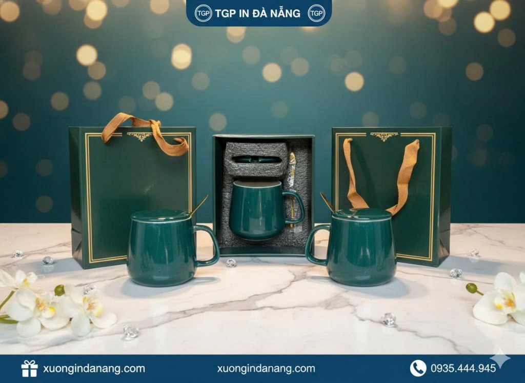 Hai cốc sứ in logo đặt trong hộp quà xanh lá