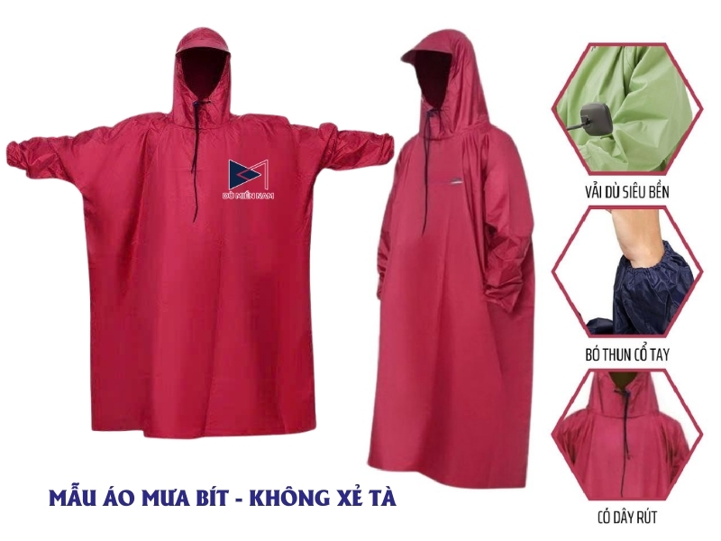 Áo mưa bít màu đỏ in logo, có tay áo và túi đựng