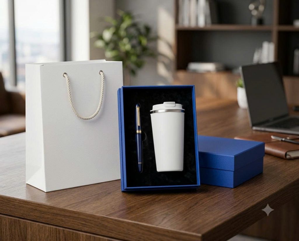 Set quà tặng cốc giữ nhiệt và bút kim loại khắc logo trong hộp, kèm túi giấy